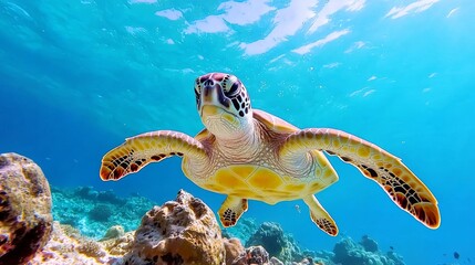 Fototapeta premium Sea Turtle Swimming in Clear Ocean Waters