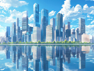 Fototapeta premium Modern cityscape with towering skyscrapers reflecting on a clear blue water surface under a bright sky.