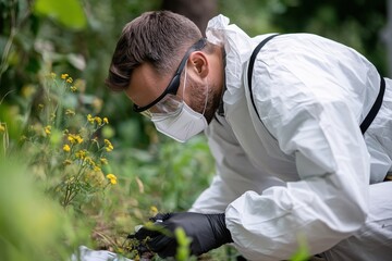 A scientist dressed in protective clothing collects samples from plants in a field, demonstrating environmental research and scientific investigation procedures.