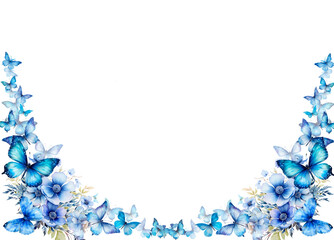 Rectangular frame for wedding decor with blue flowers and butterflies