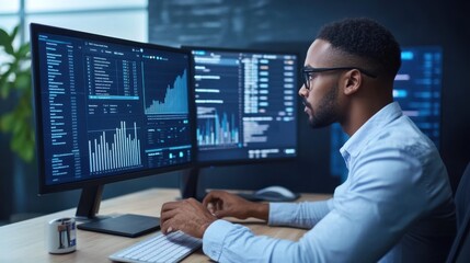 Fototapeta premium Analyst using a computer and dashboard for data business analysis,