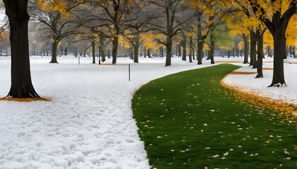 A city park with green grass on one side snow on the other and trees, Ai Generated