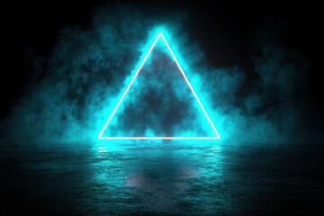A glowing neon triangle surrounded by mist on a reflective surface.