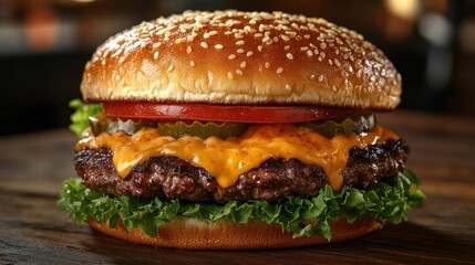 A delicious cheeseburger with lettuce, tomato, pickles, and melted cheese on a sesame seed bun.