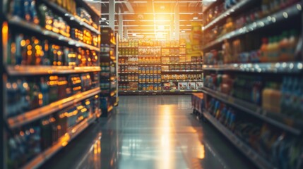 Supermarket aisle with shelves of colorful products
