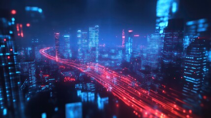 Obraz premium A vibrant cityscape at night, illuminated by lights and traffic trails.