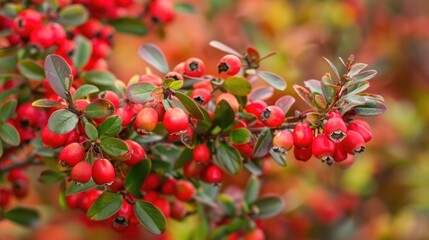 Obraz premium Vibrant red berries of barberry among green foliage in fall garden.