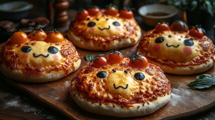 Anime-themed pizza decorated to resemble popular characters, set up for a themed party with fans in costumes, photorealistic