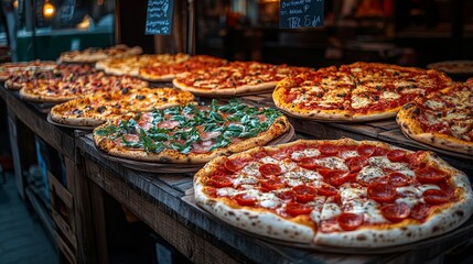 Pizza truck festival with colorful food trucks offering a variety of unique pizza styles in a lively atmosphere, photorealistic