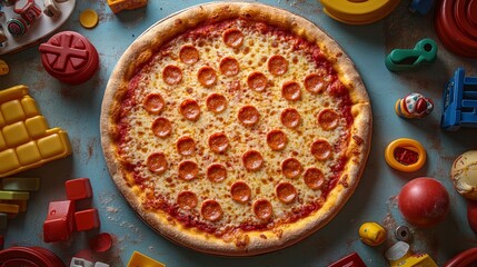 Nostalgic childhood pizza with a classic cheese pizza on a colorful table, surrounded by toys and games, photorealistic