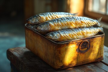 A vintage tin filled with beautifully cooked fish, showcasing a rustic culinary presentation.