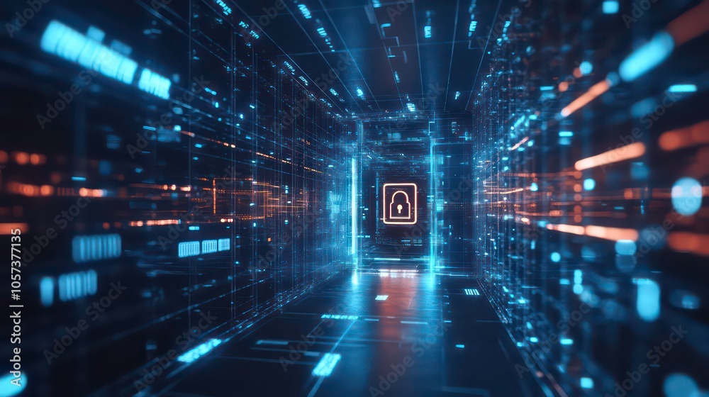 Aufkleber a futuristic digital corridor symbolizing cybersecurity and data protection.