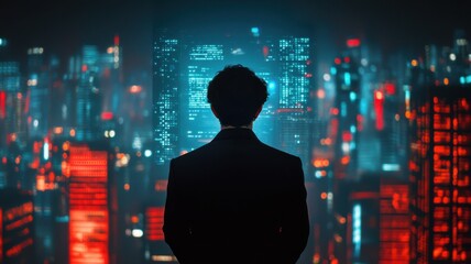 A person stands silhouetted against a vibrant urban skyline illuminated with blue and red lights, suggesting a futuristic or digital theme.