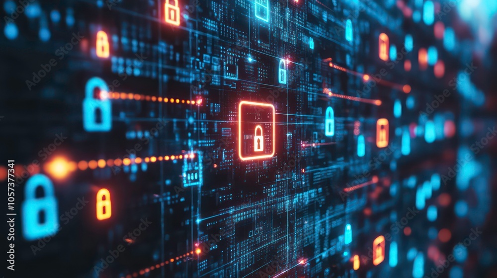 Fototapete a digital representation of cybersecurity with padlocks and data streams.