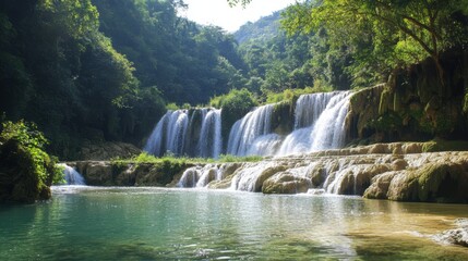 Fototapeta premium Breathtaking limestone waterfall, cascading water and lush greenery,