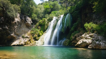 Breathtaking limestone waterfall, cascading water and lush greenery,