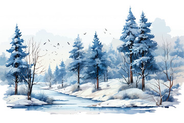 Watercolor illustration of a calm winter lake with fir trees on the horizon growing on snow-covered river banks