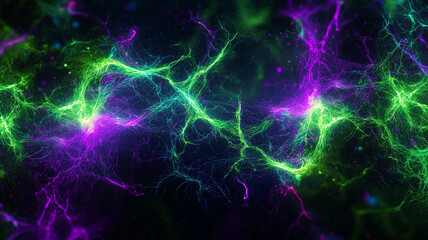 Vibrant electric green and purple neon patterns create mesmerizing abstract design, evoking sense of energy and complexity in cosmic space