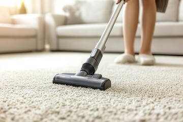 Housewife using handheld vacuum on carpet, calm living room, clean and cozy home