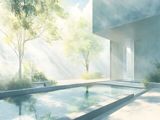 Serene Impressionist Depiction of a Virtual Reality Addiction Rehabilitation Center with Nature Inspired Therapy Simulations