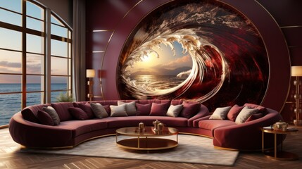 A luxurious living room with a wave mural and scenic ocean view.