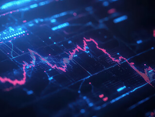 Futuristic digital interface displaying glowing data graphs on a dark background.
