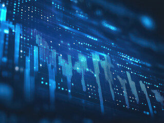 Abstract digital blue display showing fluctuating data and charts.