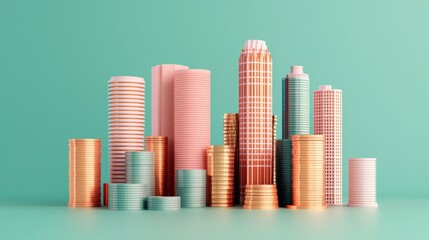 Obraz premium A colorful skyline of stylized skyscraper-shaped coins, featuring pastel shades against a mint green background, representing finance and growth.