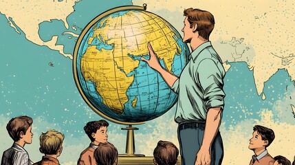 A teacher standing beside a globe, teaching geography to students, comic book style