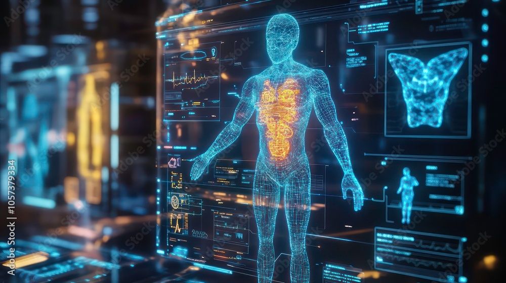 Poster A digital representation of the human body with highlighted organs and data overlays.