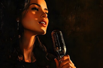 A Woman with Long Dark Hair Holds a Microphone