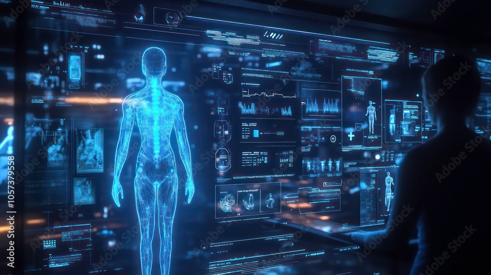 Poster A digital representation of the human body with highlighted organs and data overlays.