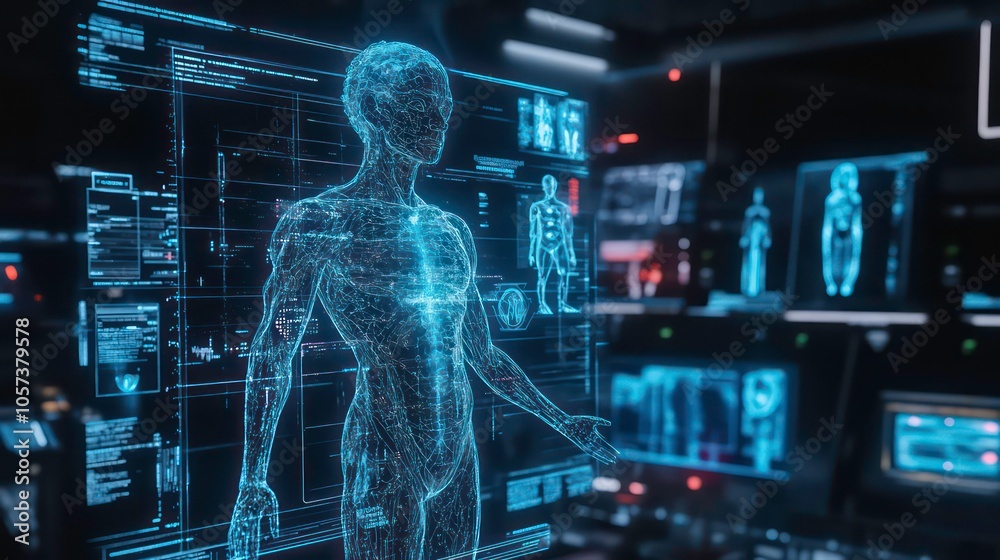 Poster A digital representation of the human body with highlighted organs and data overlays.