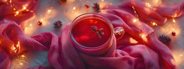 cup of mulled wine and scarf on the table. Selective focus