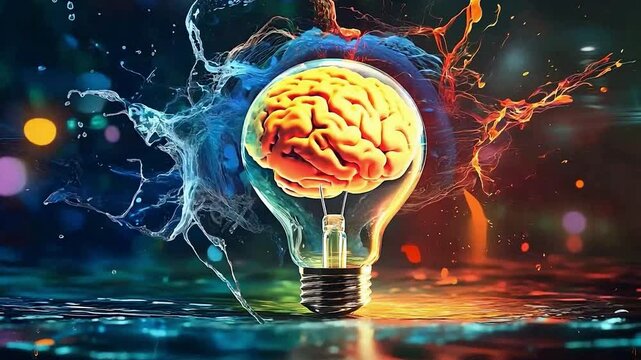 Liquid Color design background fly out of the light bulb with human brain as a idea colorful brain splash Brainstorm and inspire concept	
