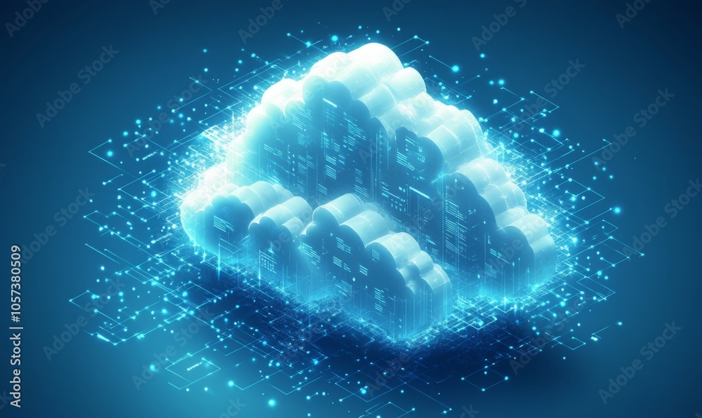 Wall mural isometric illustration depicting modern cloud technology and networking concept, representing web cl