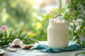 tropical drink presentation, a clear mason jar filled with coconut milkshake on a sunny outdoor patio, adorned with a teal napkin, flora, and foliage