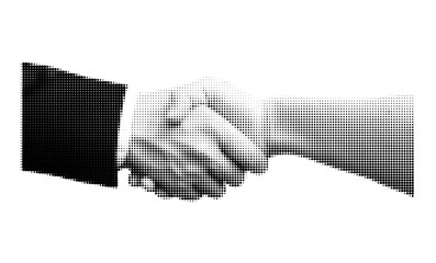 Business collage in halftone style. Vector. Handshake. Business deal. Agreement. Negotiation. Works. Job. Trendy elements. Sample.  Retro. Paper. Light bulb. Idea