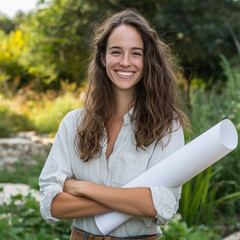 Naklejka premium A confident environmental engineer with radiant smile holds blueprints outdoors, surrounded by lush greenery. Her passion for sustainability shines through her expression
