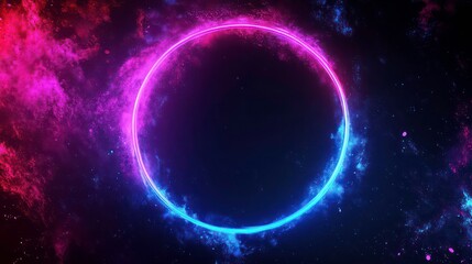 A vibrant cosmic circle with purple and blue hues against a dark background.