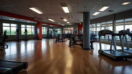 realistic image of a gym environment filled with a variety of gym equipment
