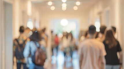 Defocused image of a crowded hallway filled with potential buyers at a real estate open house