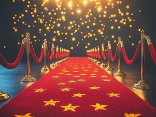 Elegant red carpet with star pattern under a canopy of glowing lights, creating a glamorous entrance.
