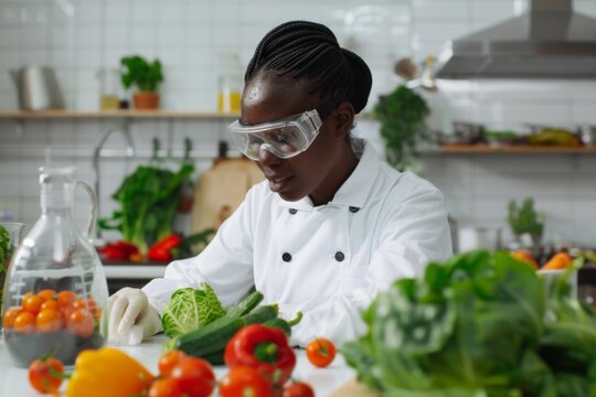 Scientist Examining Fresh Produce in Laboratory Kitchen - Powered by Adobe