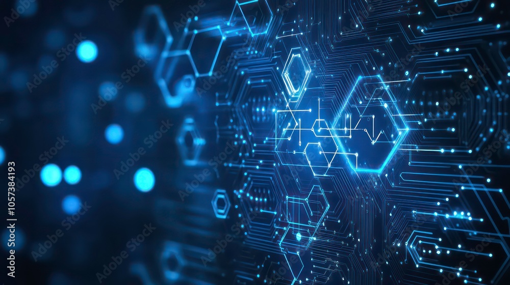 Poster Abstract digital circuitry design with glowing elements and hexagonal patterns.