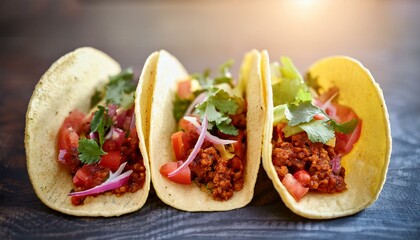 Nahaufnahme von drei frischen Tacos die nebeneinander liegen.
