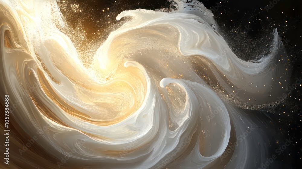 Poster abstract swirling patterns in gold and white, evoking a sense of motion and energy.