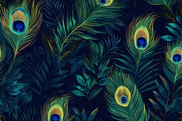Abstract Artwork of Peacock Feathers and Foliage