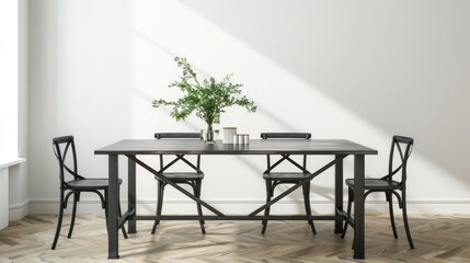 Black metal table set in dining room and kitchen, white wall background with space for mockup, front view