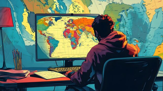 A student attending an online geography lesson, studying maps of different countries, comic book style